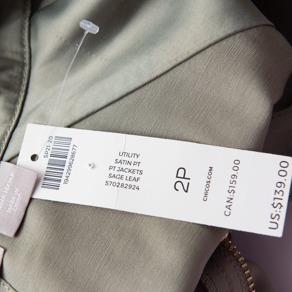 Chico's Utility Jacket Satin Coat Sage Leaf Green Size 2 Petite 12/14 Short New - Picture 5 of 9